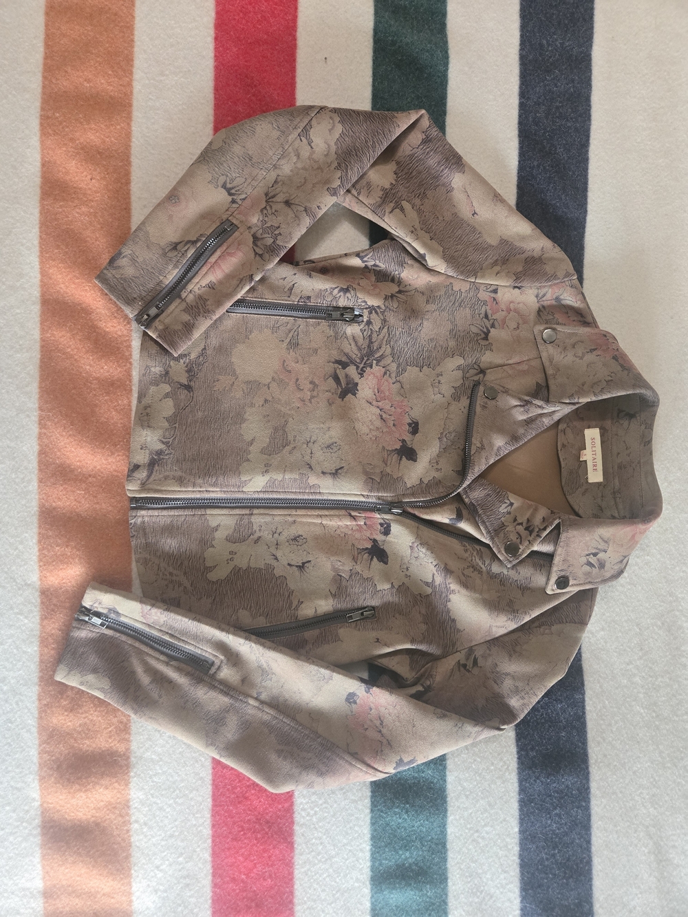 Solitaire Blush Taupe Floral Faux Suede Moto Jacket